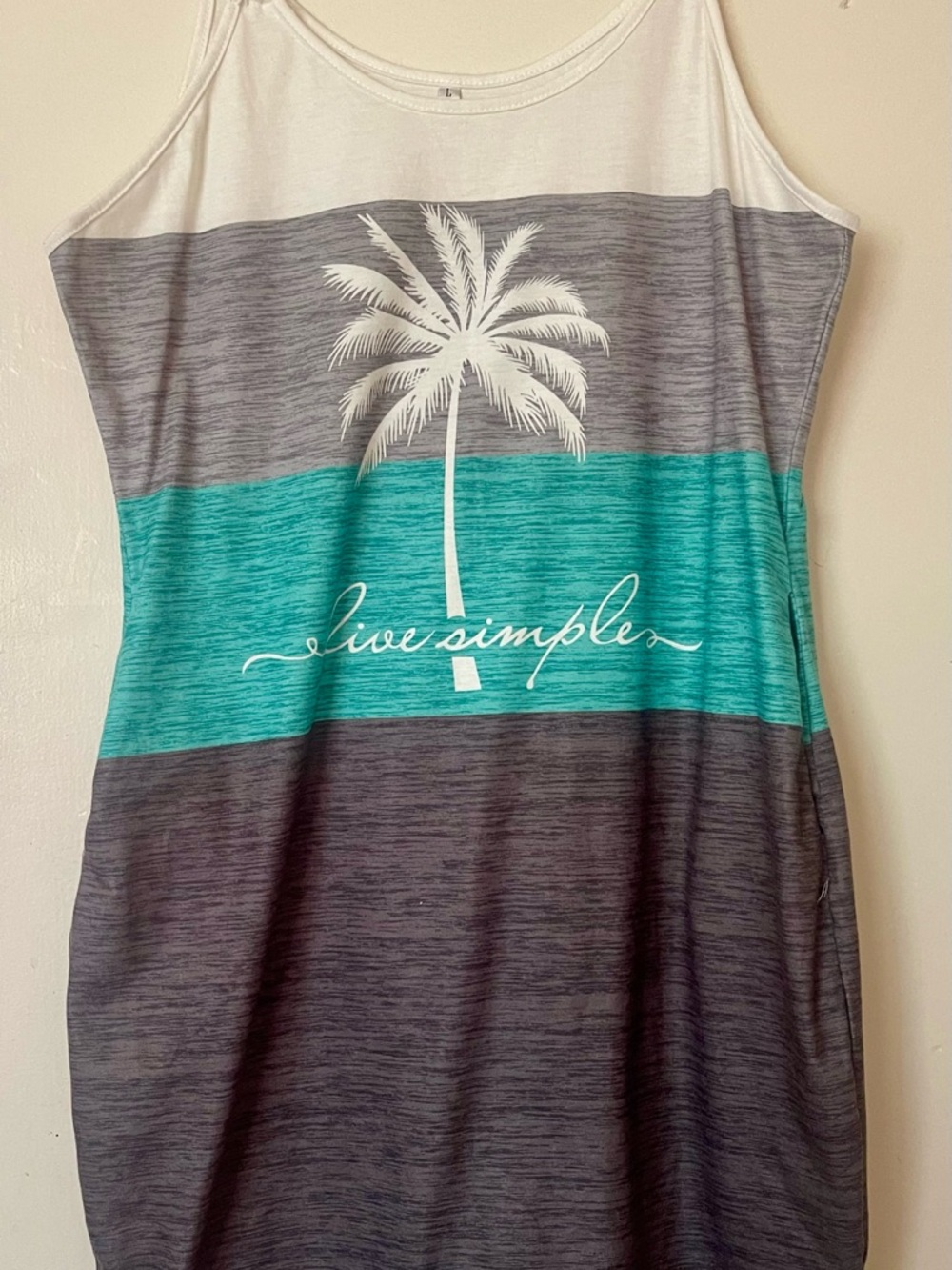 Live Simple Palm Stripe Tank Dress - Teal, Gray, White with pockets